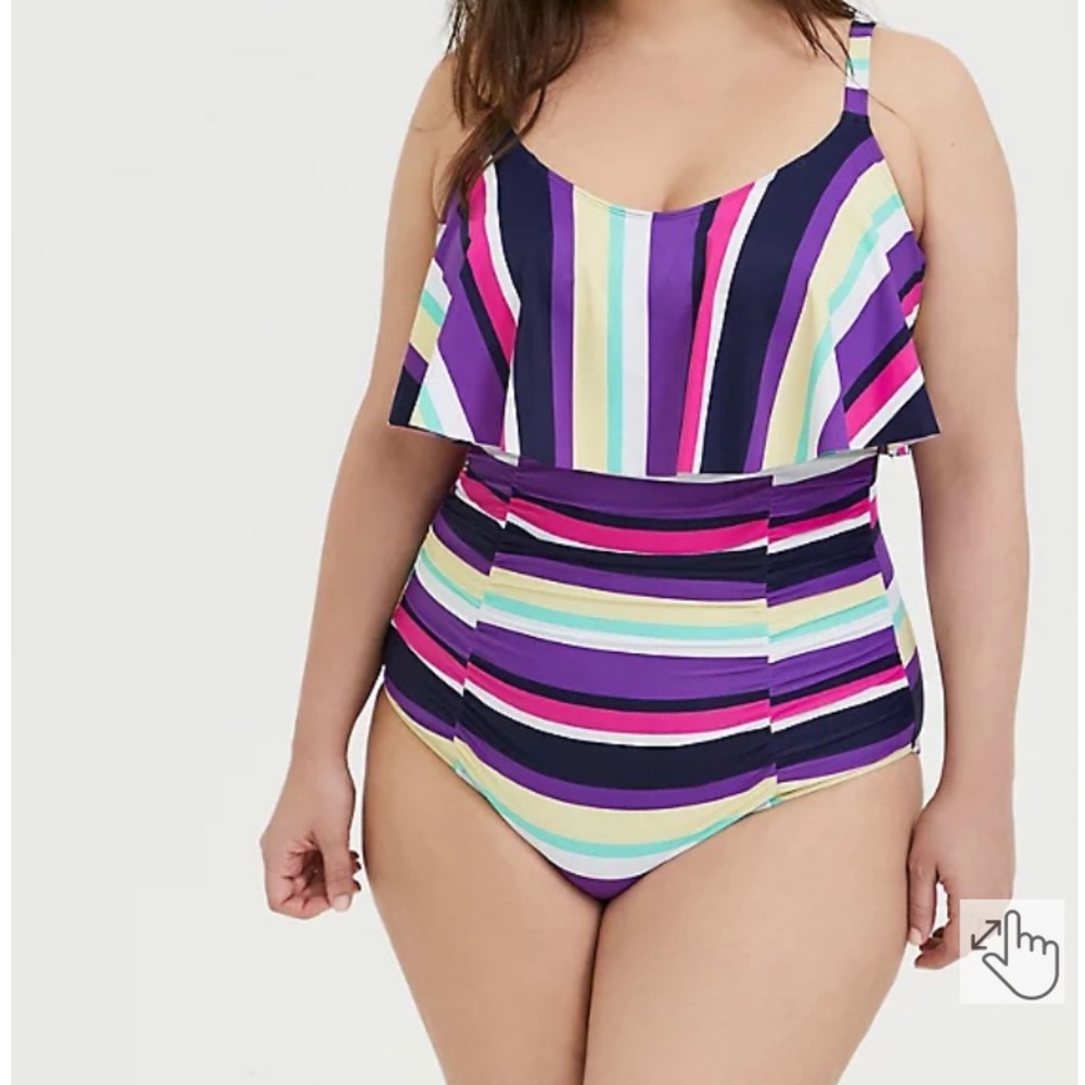 TORRID MULTI STRIPE WIRELESS FLOUNCE RUCHED ONE-PIECE SWIMSUIT